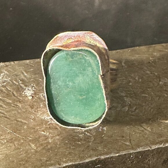 Genuine Jade Brass Copper Ring Size 8.5 Handmade Brutalist OOAK Artisan Rustic - Picture 6 of 10
